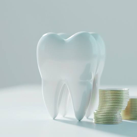 Rendering of large model tooth next to a pile of coins on a white surface